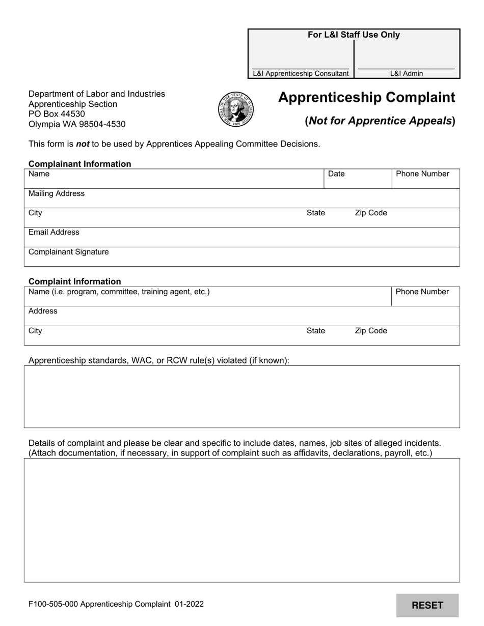 Form F100-505-000 Apprenticeship Complaint (Not for Apprentice Appeals) - Washington, Page 1