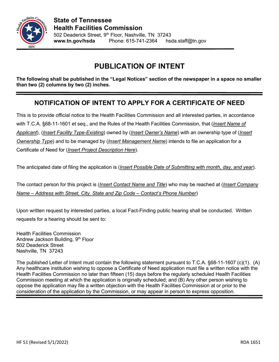 Form HF51 Letter of Intent / Publication of Intent - Tennessee, Page 4
