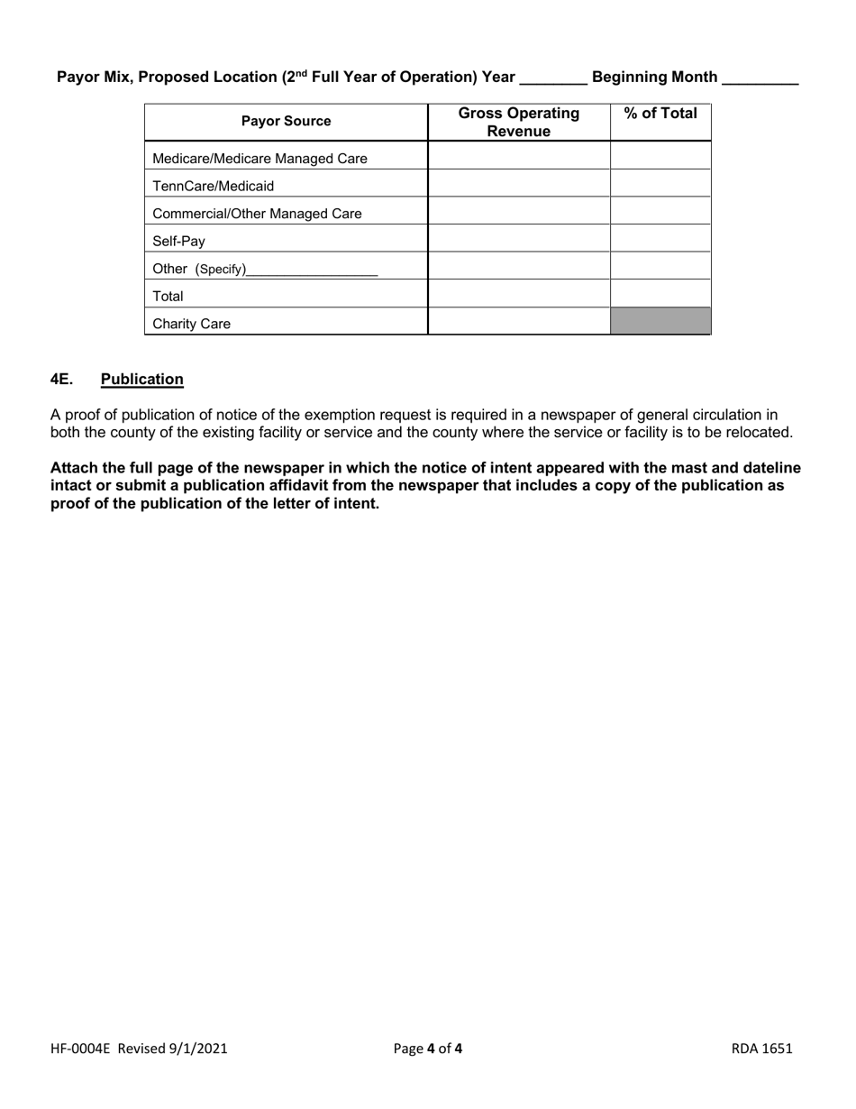 Form RDA1651 Certificate of Need Relocation Exemption Request - Tennessee, Page 4