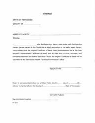 Form H4-0043 &quot;Affidavit for Lost Certificate of Need&quot; - Tennessee