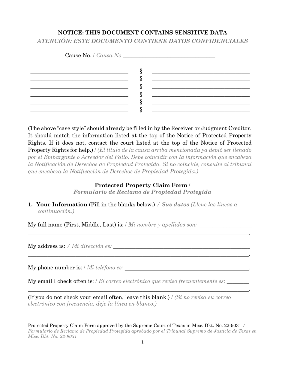 Protected Property Claim Form - Texas (English / Spanish), Page 1
