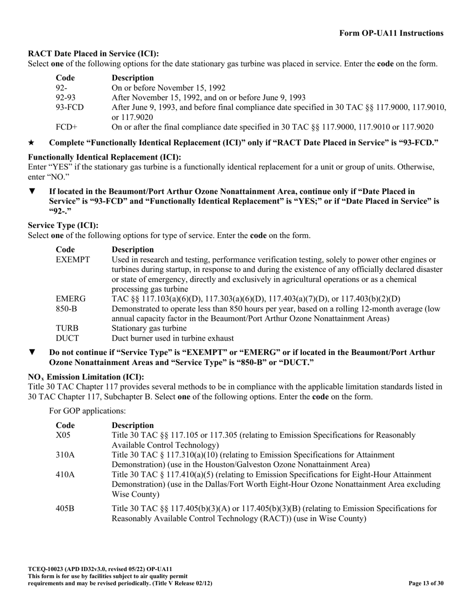 Form OP-UA11 (TCEQ-10023) Stationary Turbine Attributes - Texas, Page 13