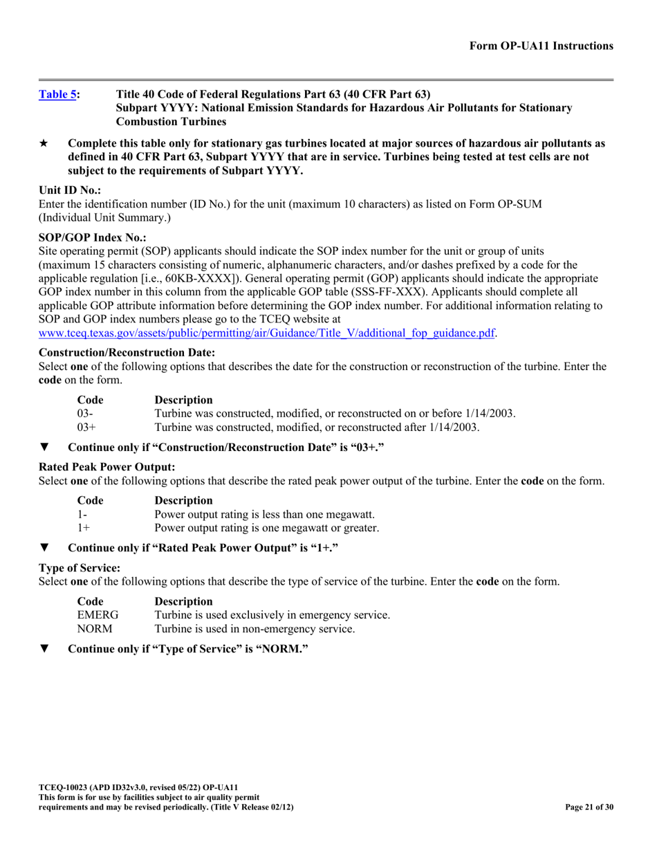 Form OP-UA11 (TCEQ-10023) Stationary Turbine Attributes - Texas, Page 21