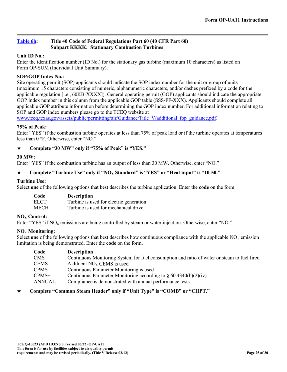 Form OP-UA11 (TCEQ-10023) Stationary Turbine Attributes - Texas, Page 25