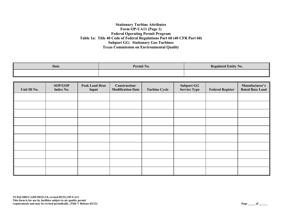 Form OP-UA11 (TCEQ-10023) Stationary Turbine Attributes - Texas, Page 31