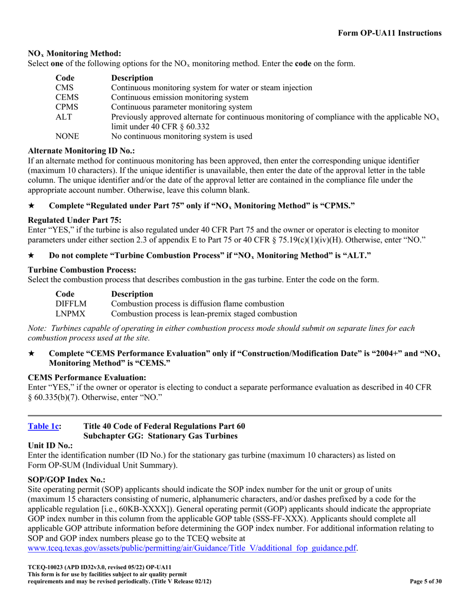 Form OP-UA11 (TCEQ-10023) Stationary Turbine Attributes - Texas, Page 5