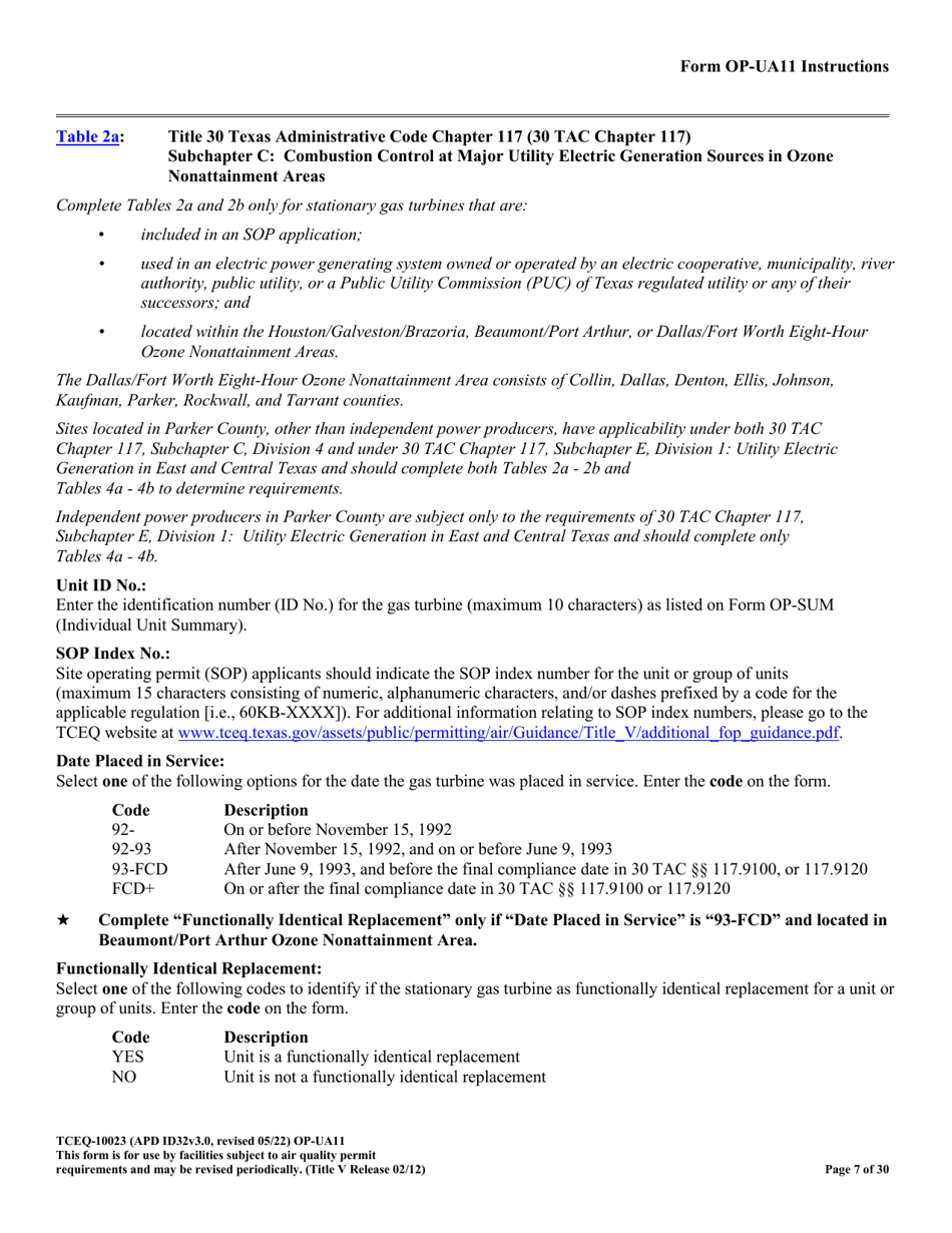 Form OP-UA11 (TCEQ-10023) Stationary Turbine Attributes - Texas, Page 7