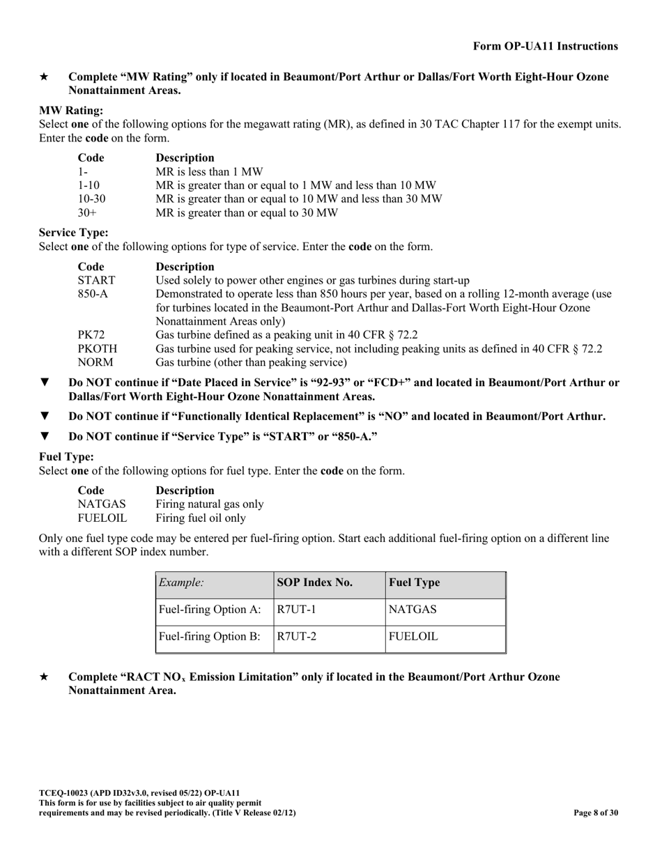 Form OP-UA11 (TCEQ-10023) Stationary Turbine Attributes - Texas, Page 8