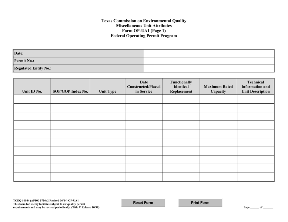 Form OP-UA1 (TCEQ-10044) Miscellaneous and Generic Unit Attributes - Texas, Page 4