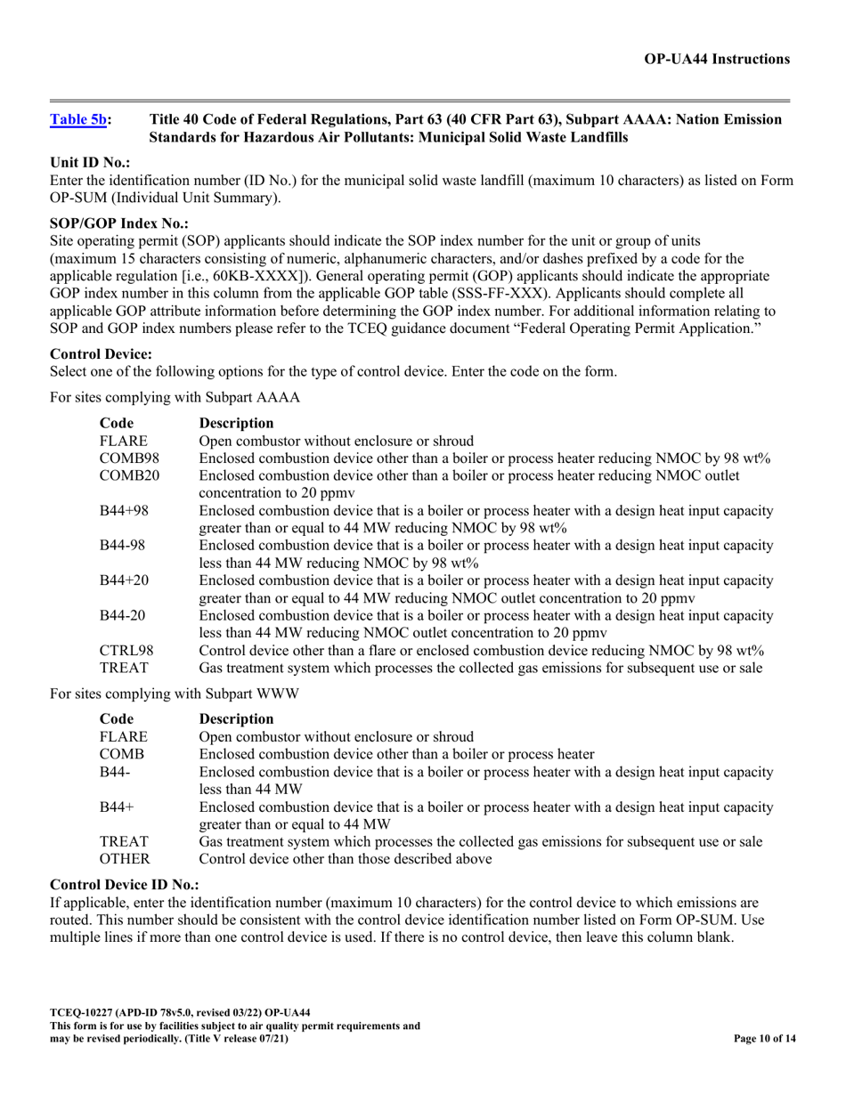 Form OP-UA44 (TCEQ-10227) Municipal Solid Waste Landfill / Waste Disposal Site Attributes - Texas, Page 10