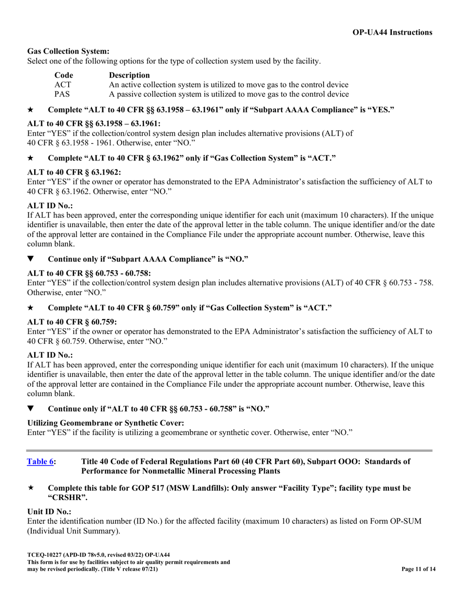 Form OP-UA44 (TCEQ-10227) Municipal Solid Waste Landfill / Waste Disposal Site Attributes - Texas, Page 11