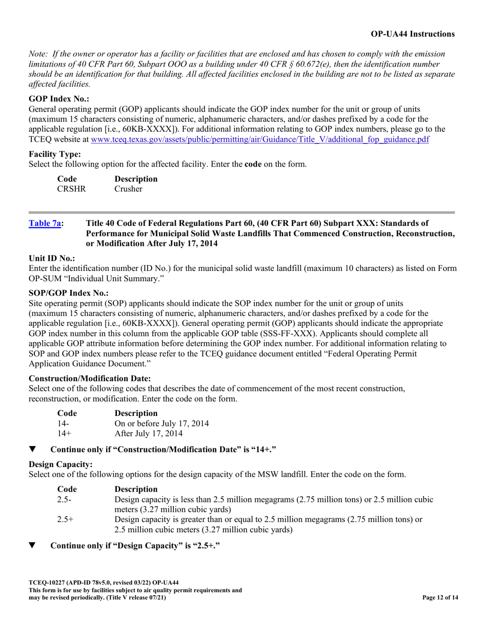 Form OP-UA44 (TCEQ-10227) Municipal Solid Waste Landfill / Waste Disposal Site Attributes - Texas, Page 12