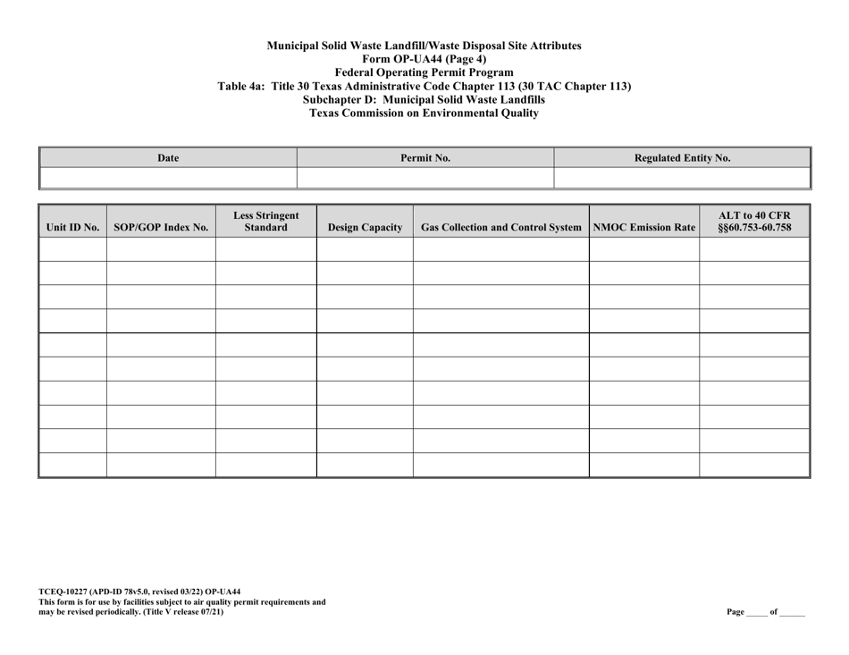 Form OP-UA44 (TCEQ-10227) Municipal Solid Waste Landfill / Waste Disposal Site Attributes - Texas, Page 18