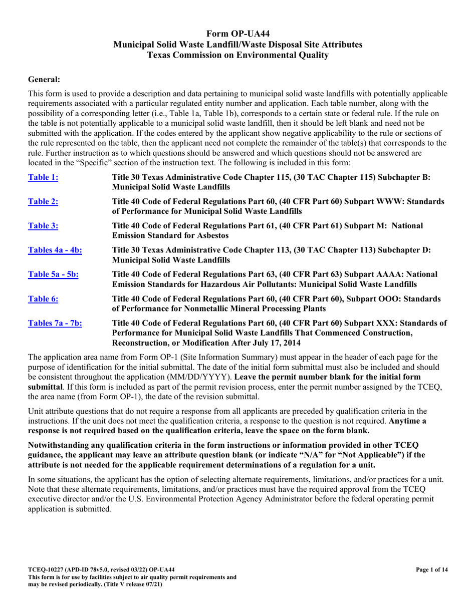 Form OP-UA44 (TCEQ-10227) Municipal Solid Waste Landfill / Waste Disposal Site Attributes - Texas, Page 1