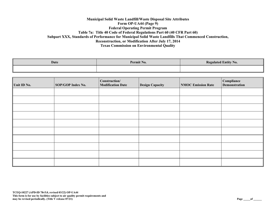 Form OP-UA44 (TCEQ-10227) Municipal Solid Waste Landfill / Waste Disposal Site Attributes - Texas, Page 23