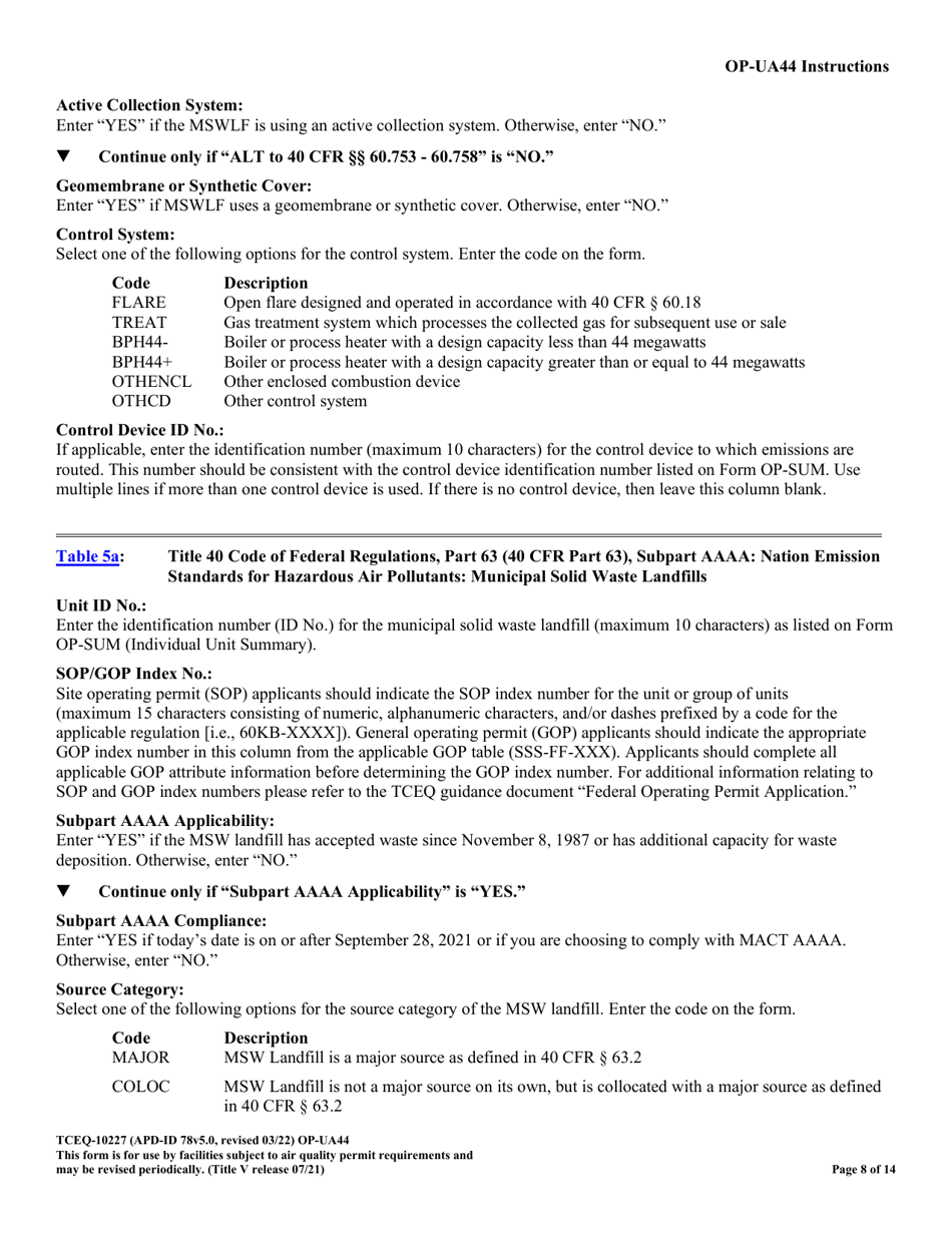 Form OP-UA44 (TCEQ-10227) Municipal Solid Waste Landfill / Waste Disposal Site Attributes - Texas, Page 8