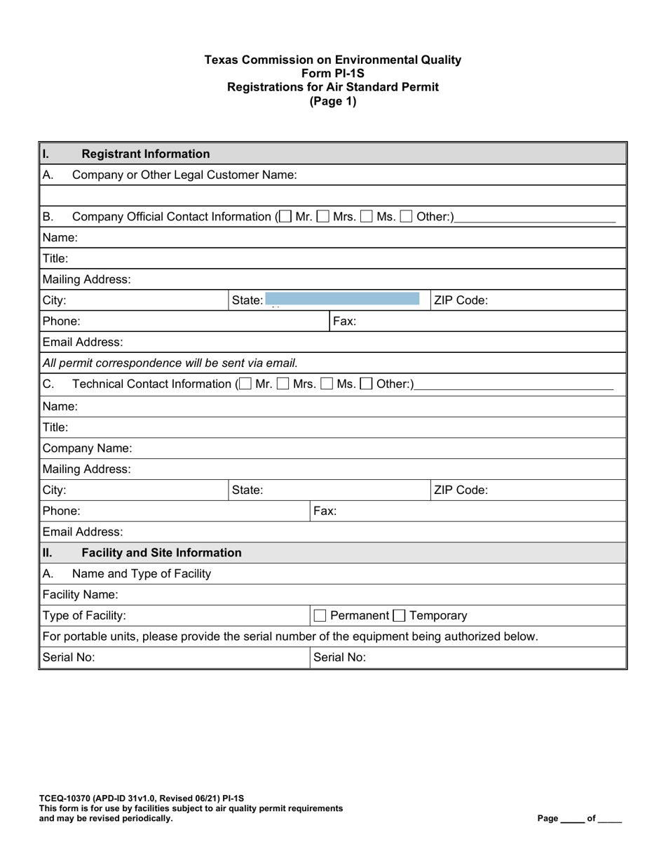 Form TCEQ-10370 (PI-1S) Registrations for Air Standard Permit - Texas, Page 12