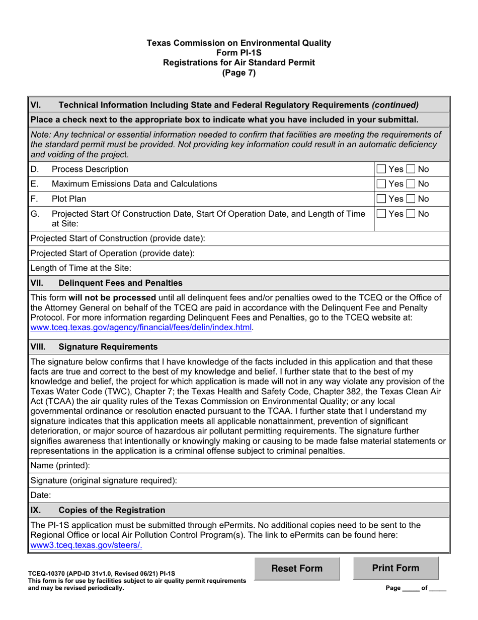 Form TCEQ-10370 (PI-1S) Registrations for Air Standard Permit - Texas, Page 18