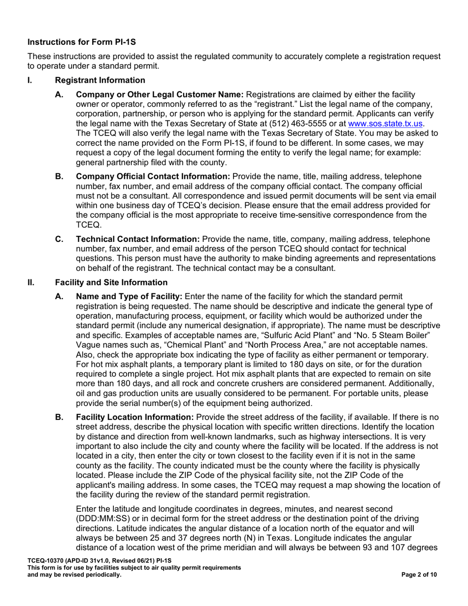 Form TCEQ-10370 (PI-1S) Registrations for Air Standard Permit - Texas, Page 3