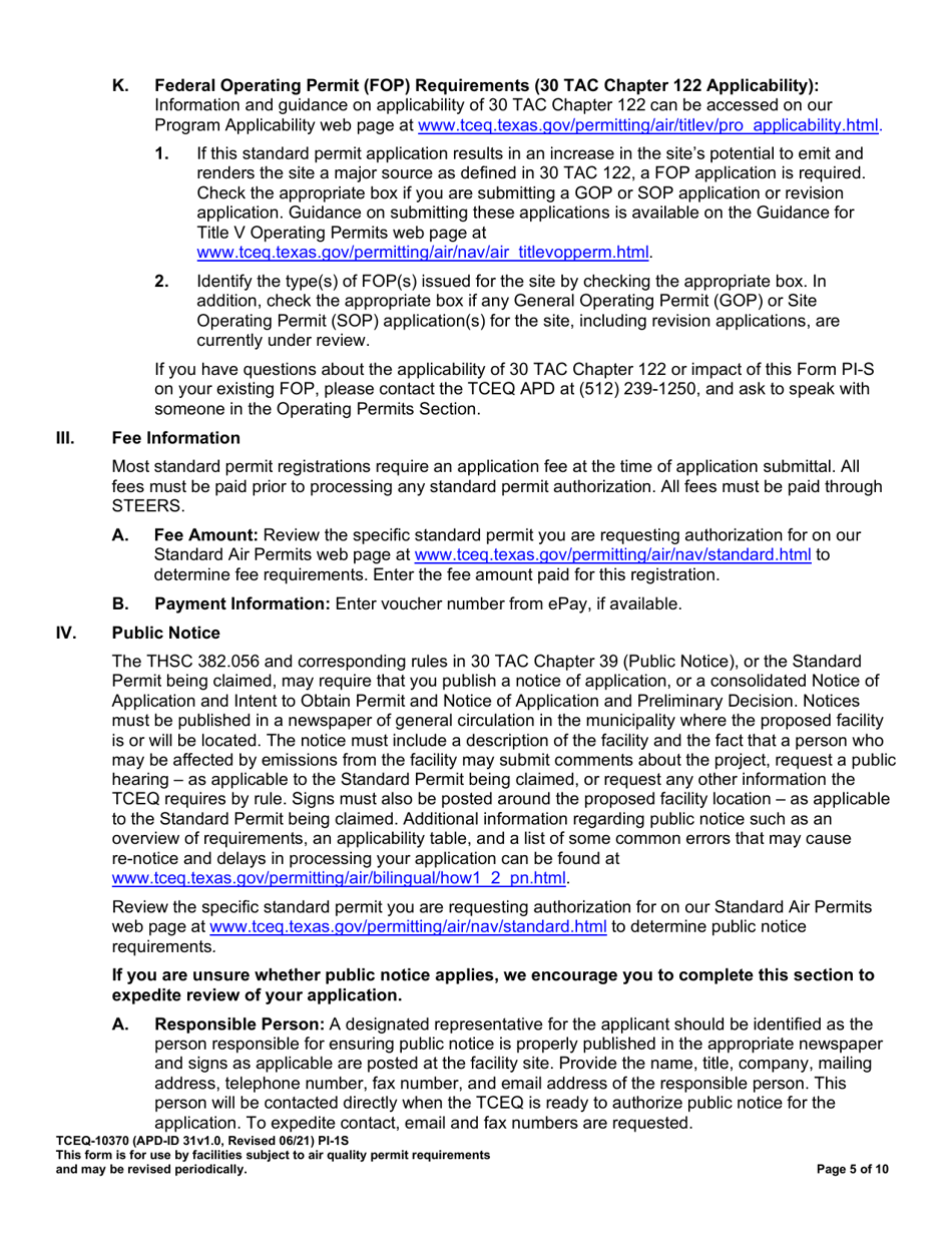 Form TCEQ-10370 (PI-1S) Registrations for Air Standard Permit - Texas, Page 6