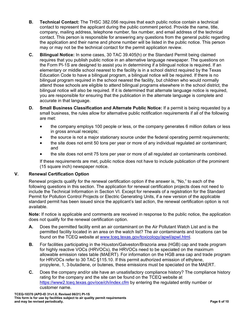 Form TCEQ-10370 (PI-1S) Registrations for Air Standard Permit - Texas, Page 7