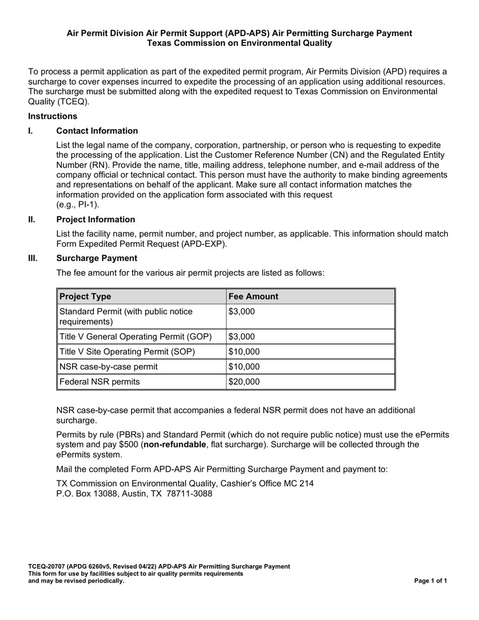 Form TCEQ-20707 Air Permitting Surcharge Payment - Texas, Page 1