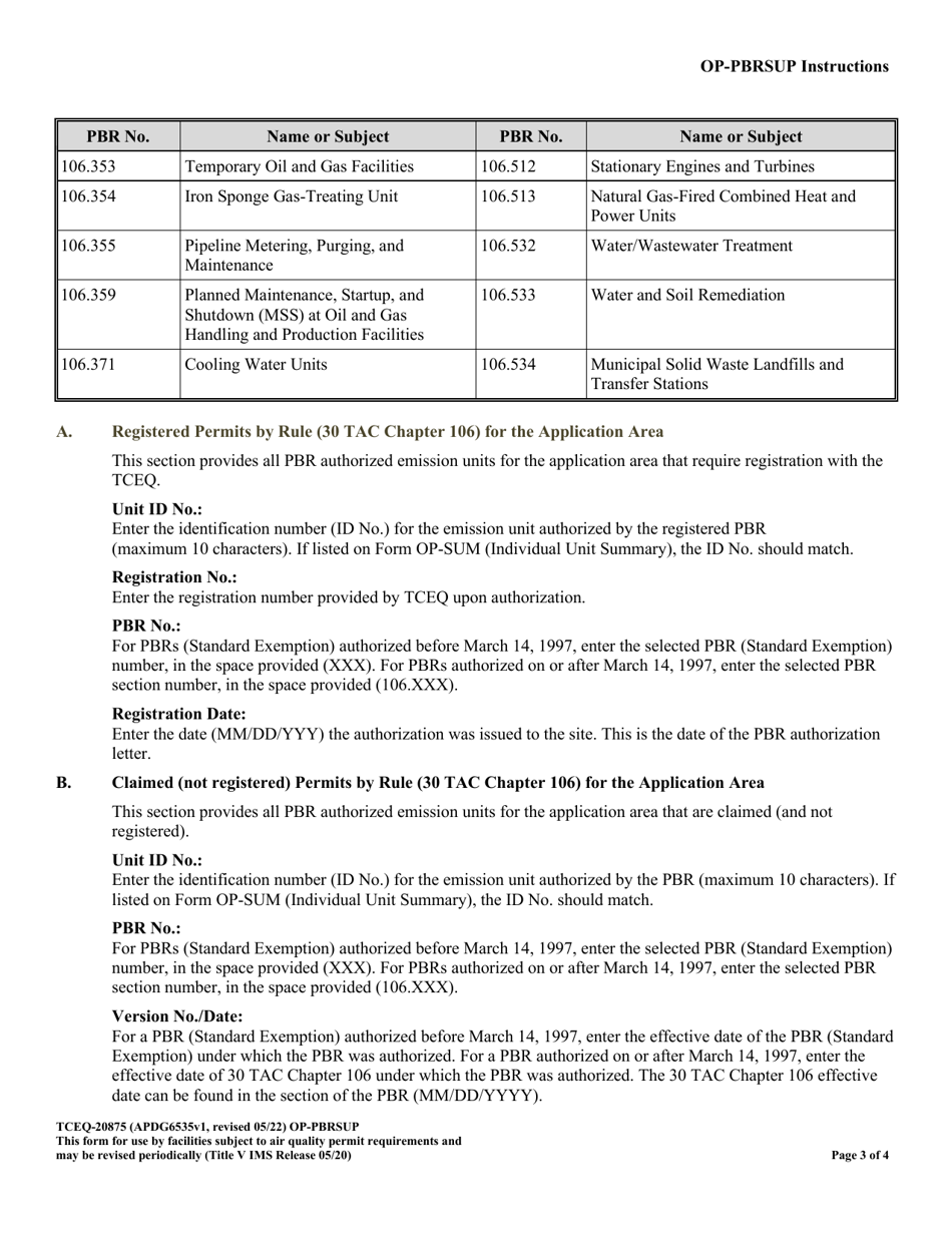 Form TCEQ-20875 (OP-PBRSUP) Permit by Rule Supplemental Table - Texas, Page 3