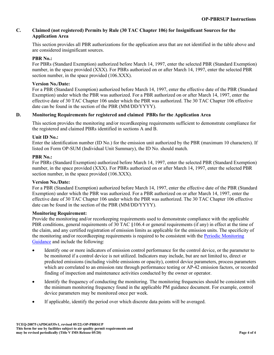 Form TCEQ-20875 (OP-PBRSUP) Permit by Rule Supplemental Table - Texas, Page 4