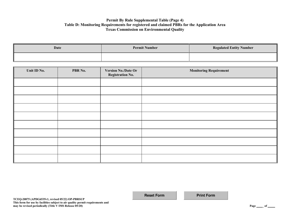 Form TCEQ-20875 (OP-PBRSUP) Permit by Rule Supplemental Table - Texas, Page 8