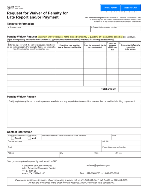 Form 89-224 Request for Waiver of Penalty for Late Report and/or Payment - Texas