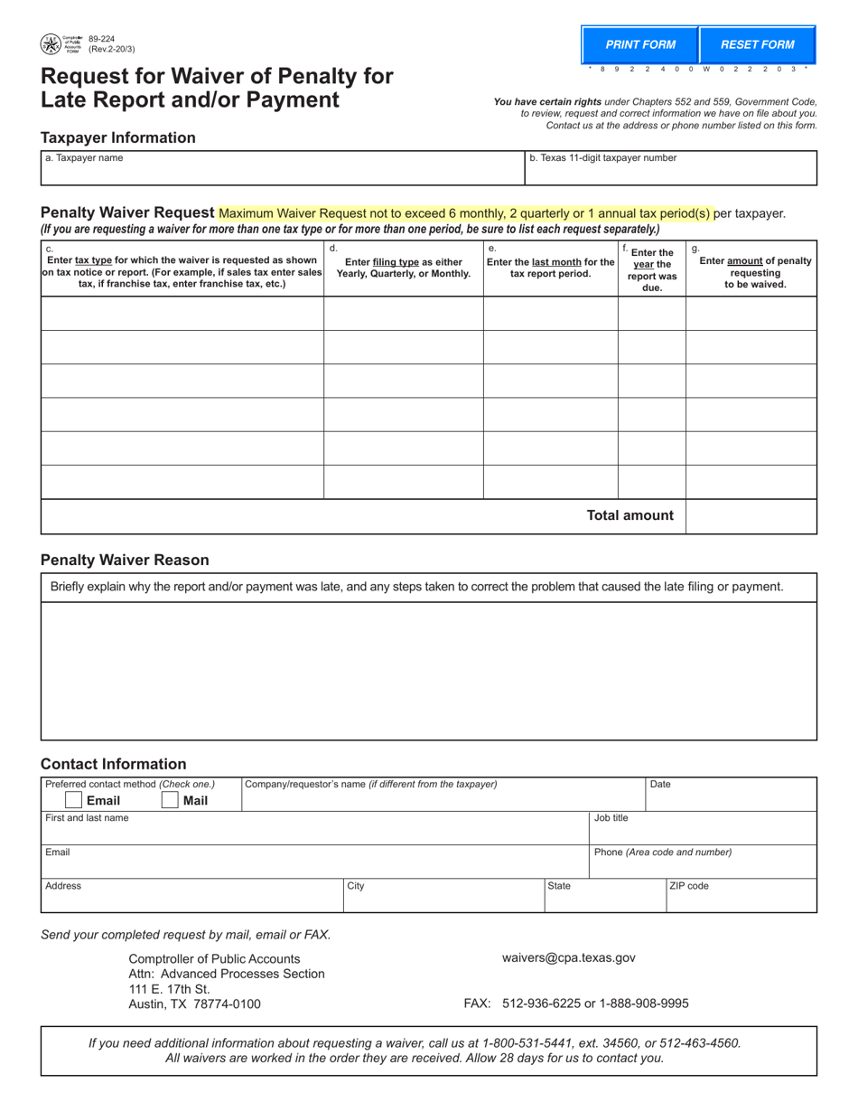 Form 89-224 Request for Waiver of Penalty for Late Report and / or Payment - Texas, Page 1