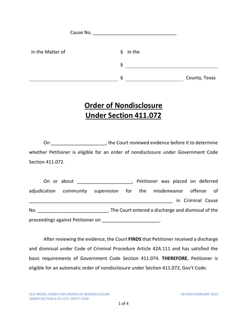Order of Nondisclosure Under Section 411.072 - Texas