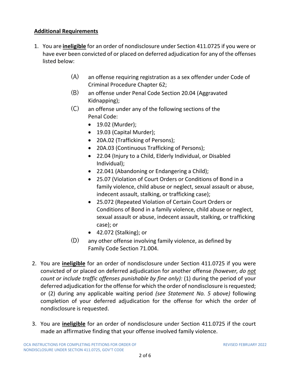 Instructions for Model Petition for Order of Nondisclosure Under Section 411.0725 - Texas, Page 2