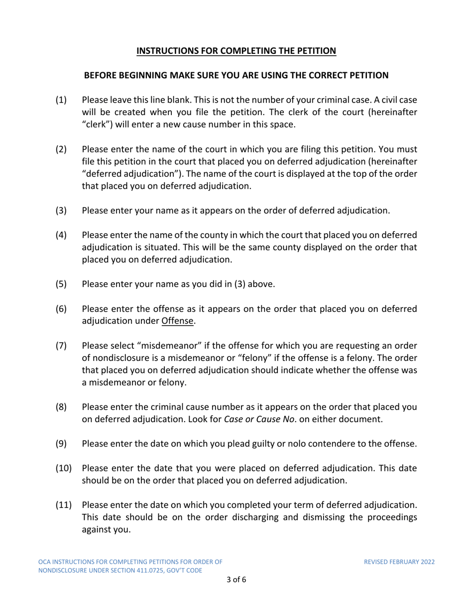 Instructions for Model Petition for Order of Nondisclosure Under Section 411.0725 - Texas, Page 3