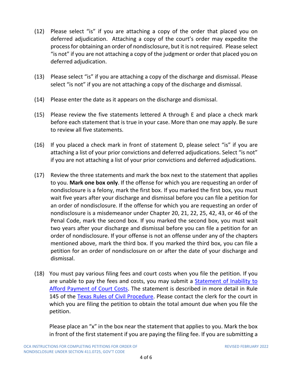 Instructions for Model Petition for Order of Nondisclosure Under Section 411.0725 - Texas, Page 4