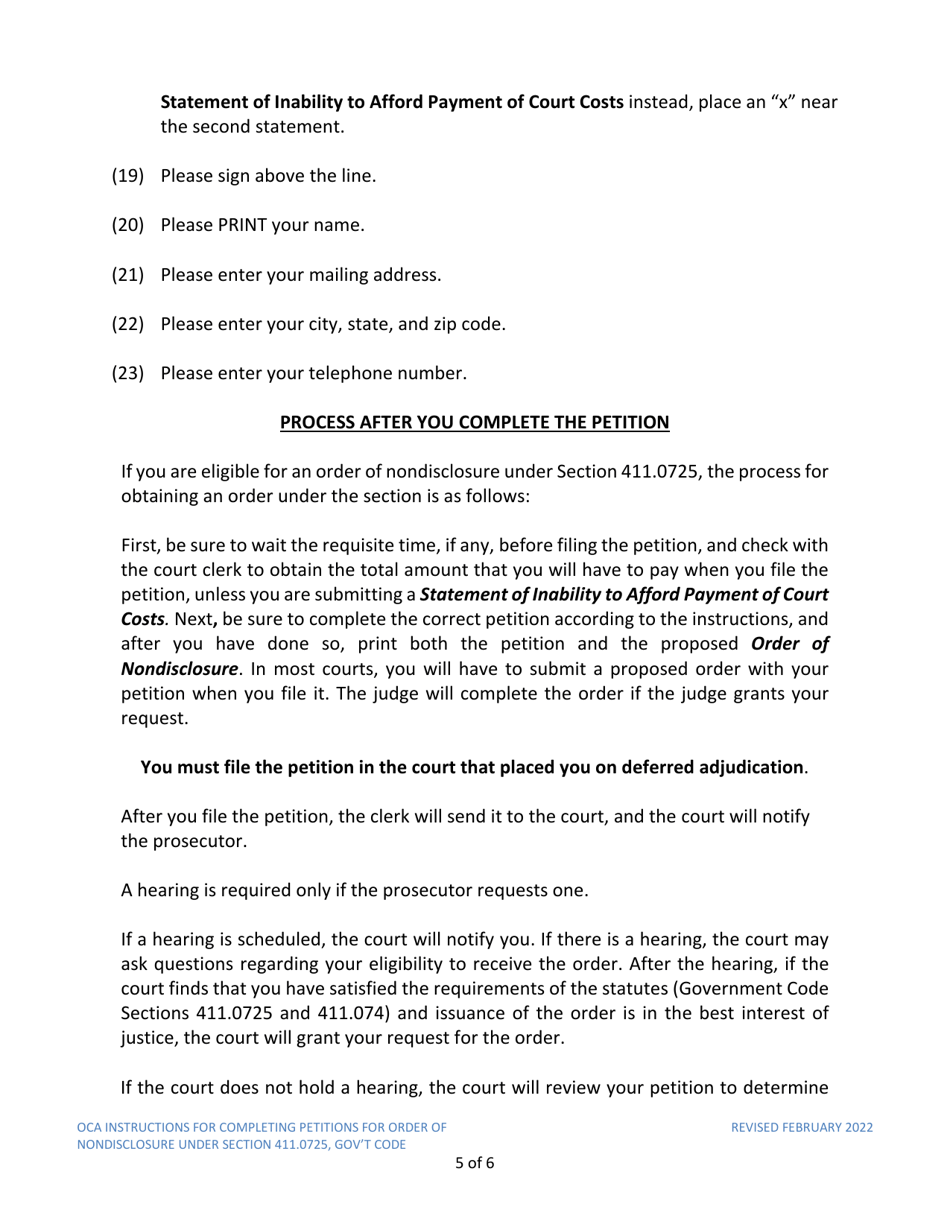 Instructions for Model Petition for Order of Nondisclosure Under Section 411.0725 - Texas, Page 5