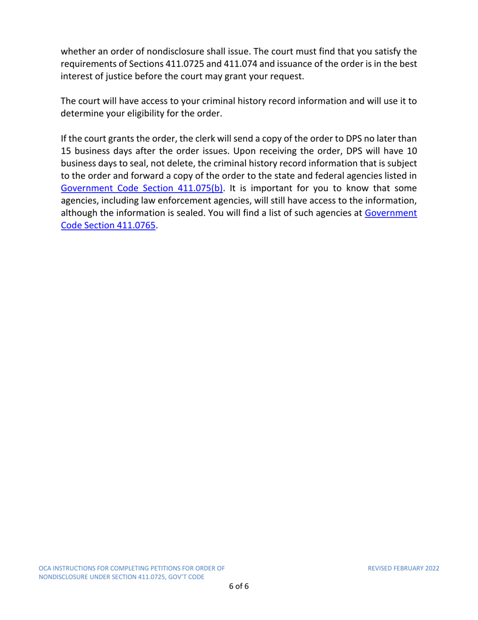 Instructions for Model Petition for Order of Nondisclosure Under Section 411.0725 - Texas, Page 6