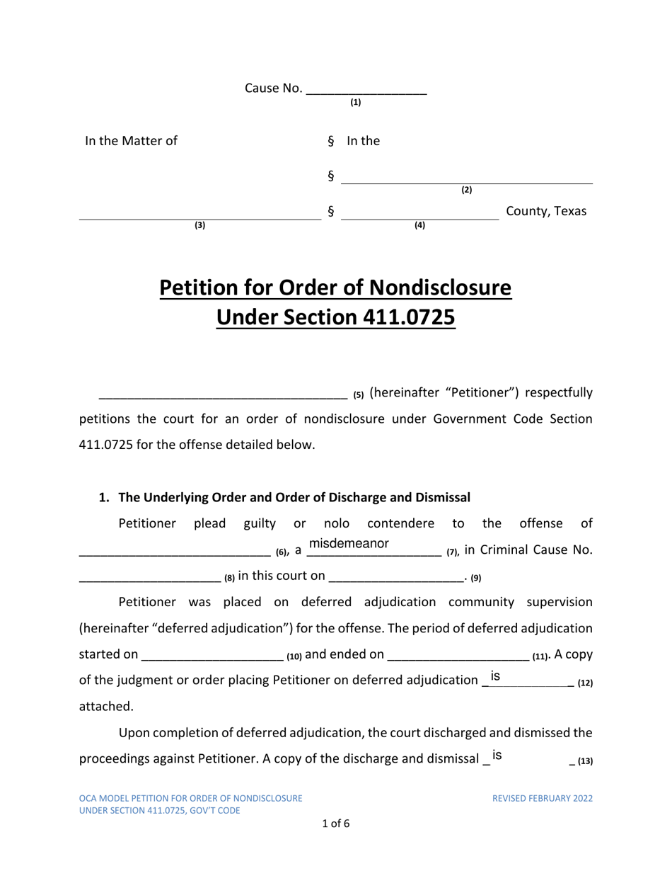 Petition for Order of Nondisclosure Under Section 411.0725 - Texas, Page 1