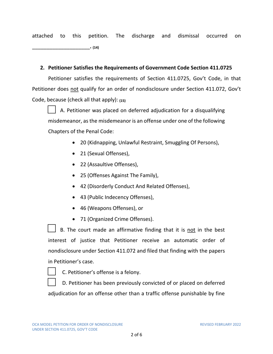 Petition for Order of Nondisclosure Under Section 411.0725 - Texas, Page 2