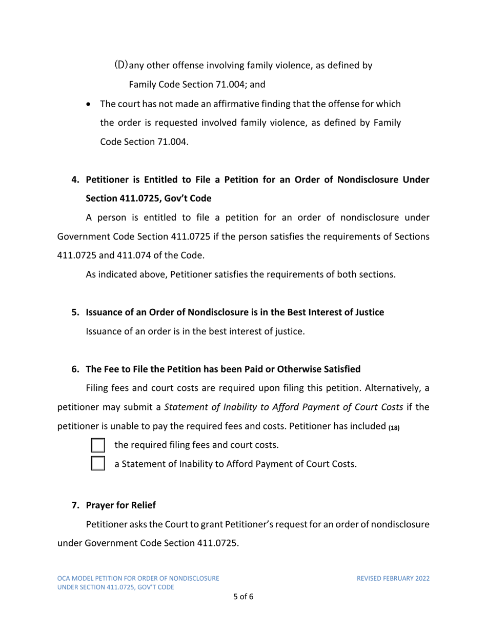 Petition for Order of Nondisclosure Under Section 411.0725 - Texas, Page 5