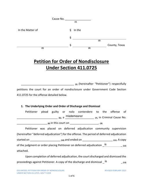 Petition for Order of Nondisclosure Under Section 411.0725 - Texas Download Pdf