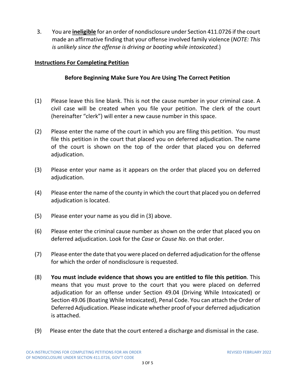 Instructions for Model Petition for Order of Nondisclosure Under Section 411.0726 - Texas, Page 3