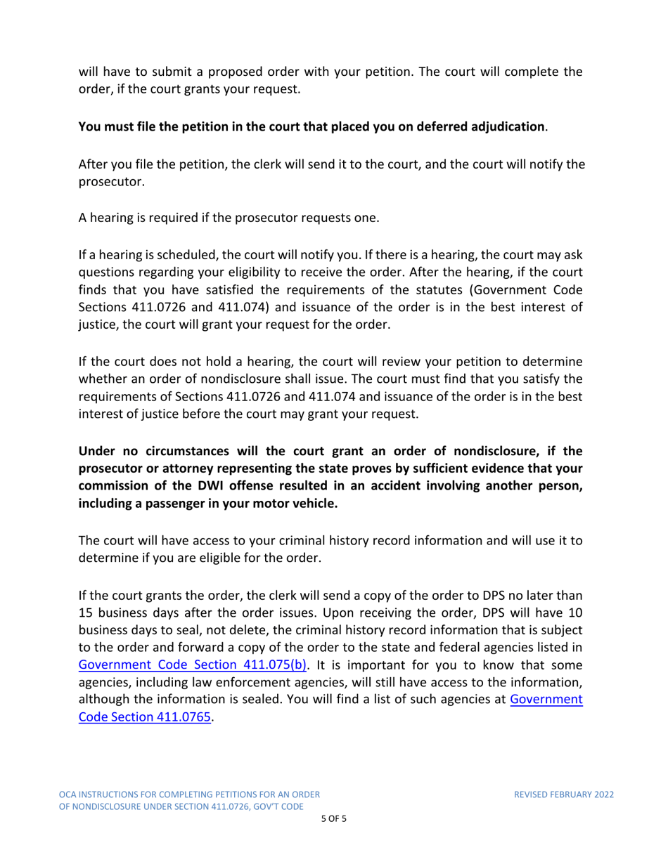 Instructions for Model Petition for Order of Nondisclosure Under Section 411.0726 - Texas, Page 5