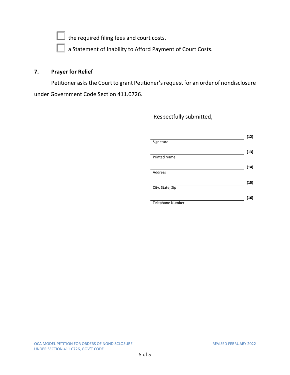 Petition for Order of Nondisclosure Under Section 411.0726 - Texas, Page 5