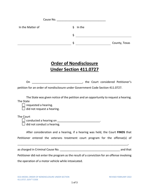 Order of Nondisclosure Under Section 411.0727 - Texas Download Pdf
