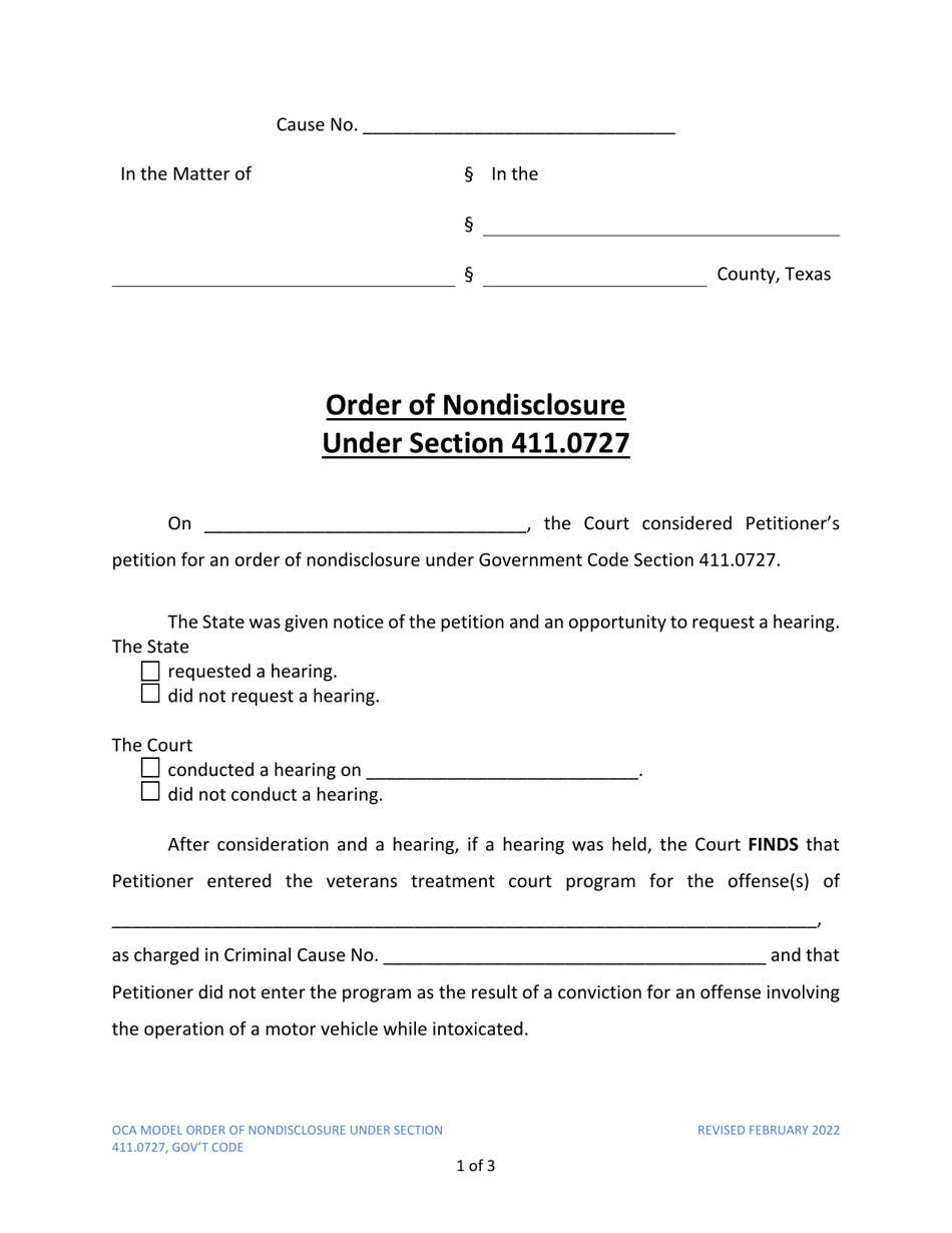 Order of Nondisclosure Under Section 411.0727 - Texas, Page 1