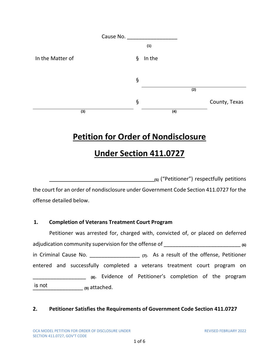 Petition for Order of Nondisclosure Under Section 411.0727 - Texas, Page 1