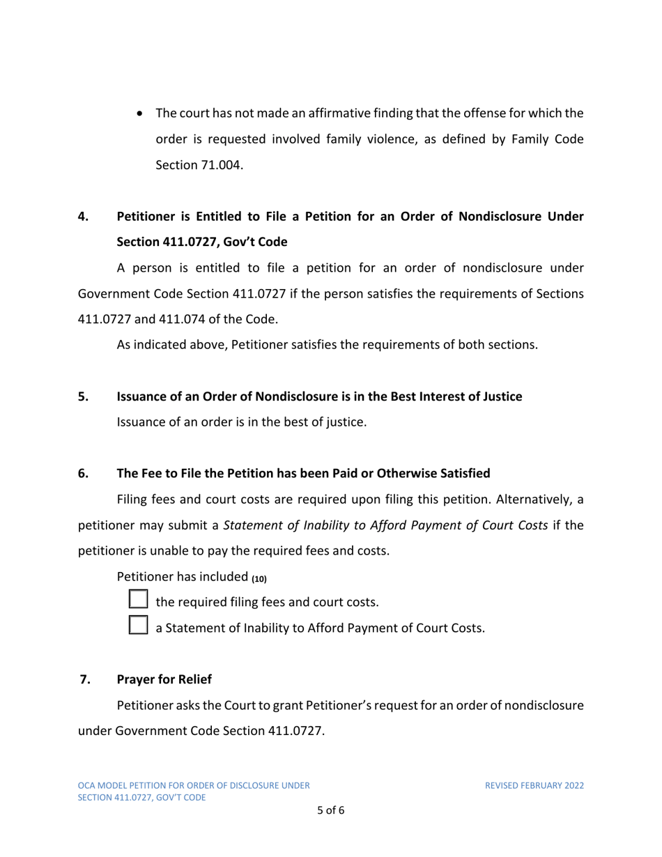 Petition for Order of Nondisclosure Under Section 411.0727 - Texas, Page 5