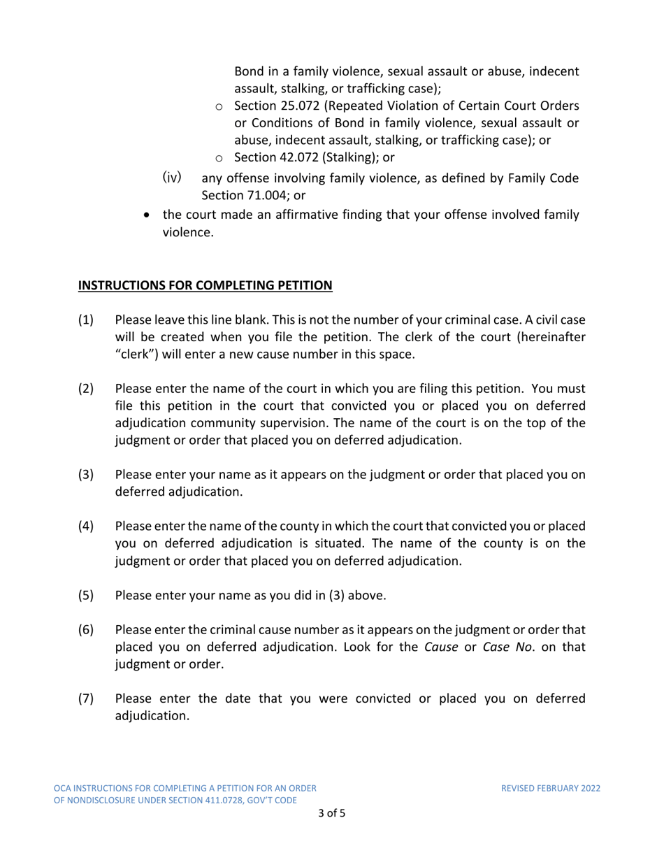 Instructions for Model Petition for Order of Nondisclosure Under Section 411.0728 - Texas, Page 3