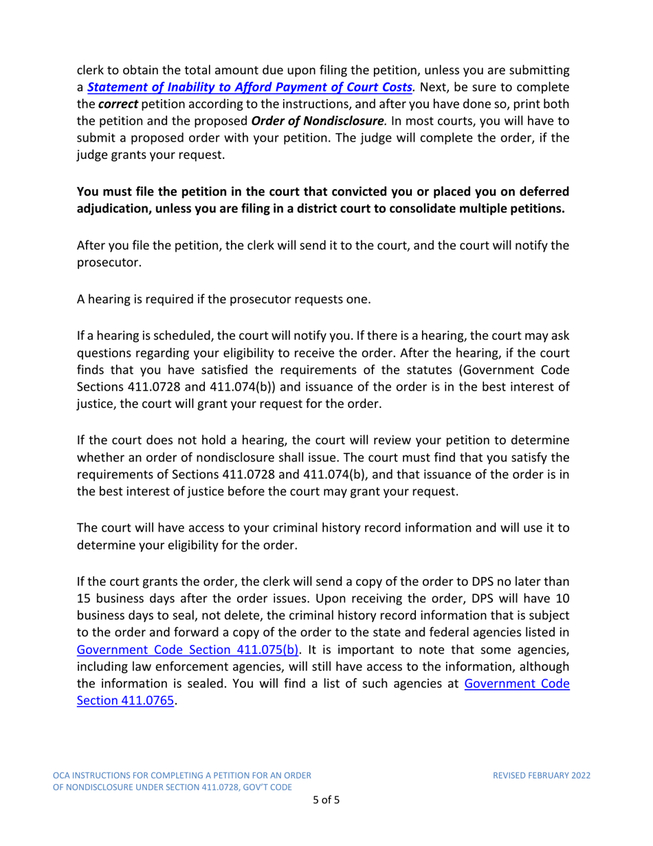 Instructions for Model Petition for Order of Nondisclosure Under Section 411.0728 - Texas, Page 5
